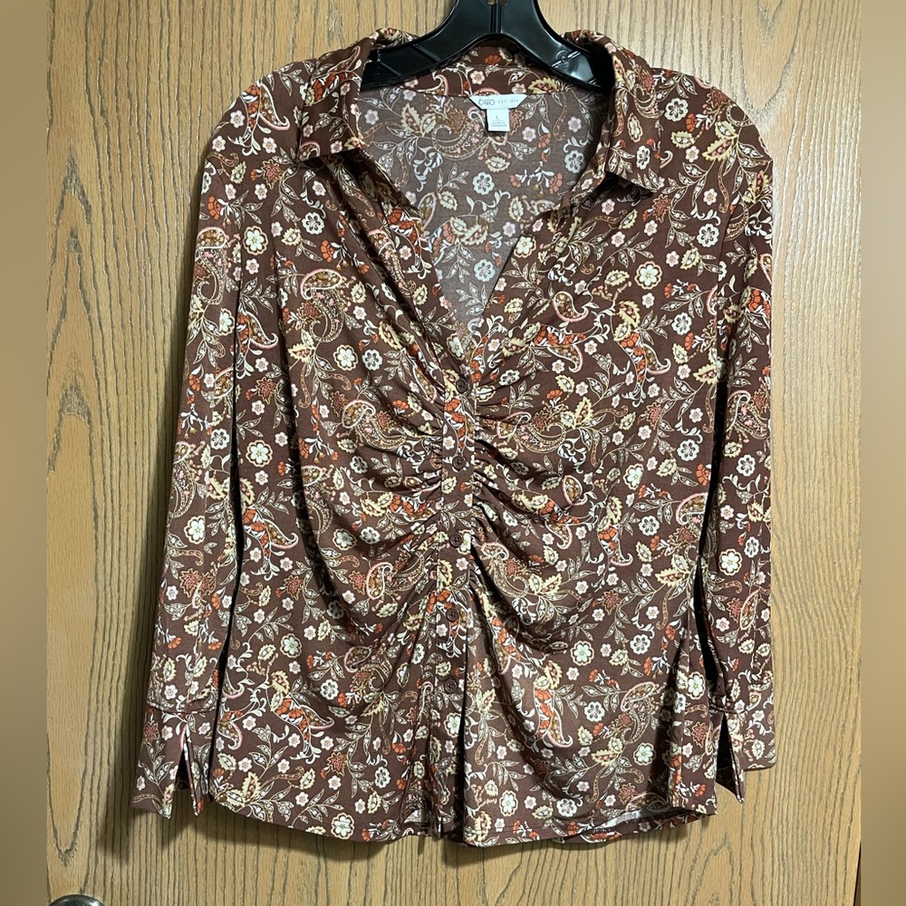 EUC Cato Paisley Blouse in Brown and Pink with Ruched Front